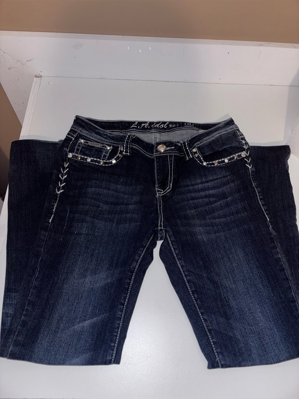 L.A. idol Dark Blue Boot Cut Jeans with Contrast Stitching